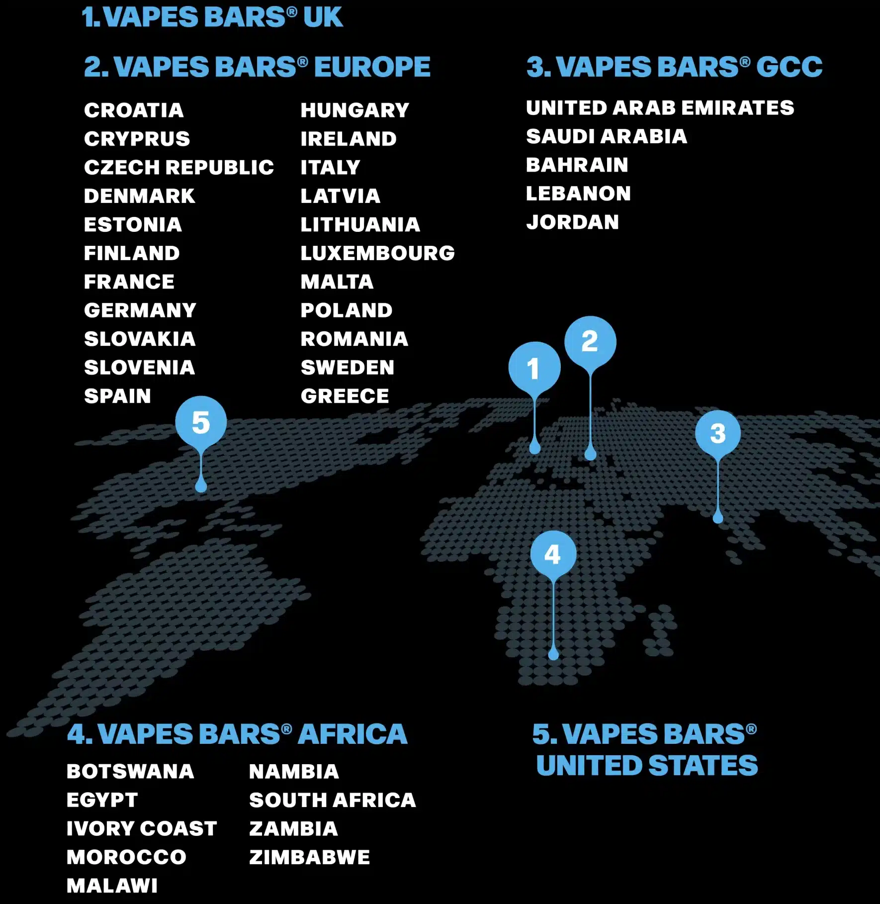 A world map pointing different location where vapes bars product available Mobile version