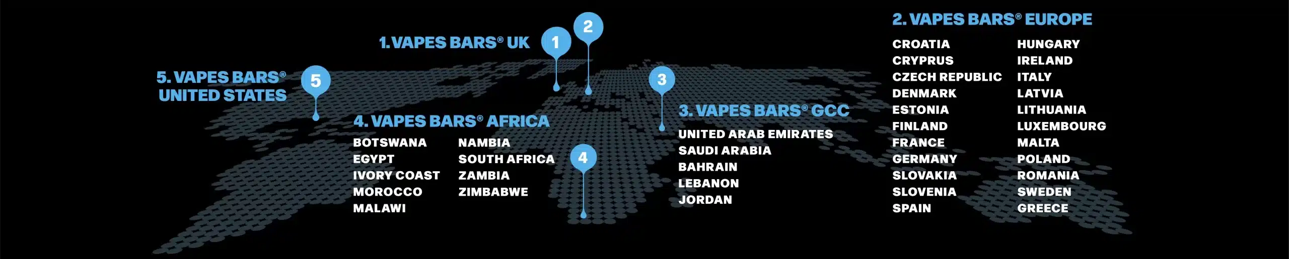 A world map pointing different location where vapes bars product available