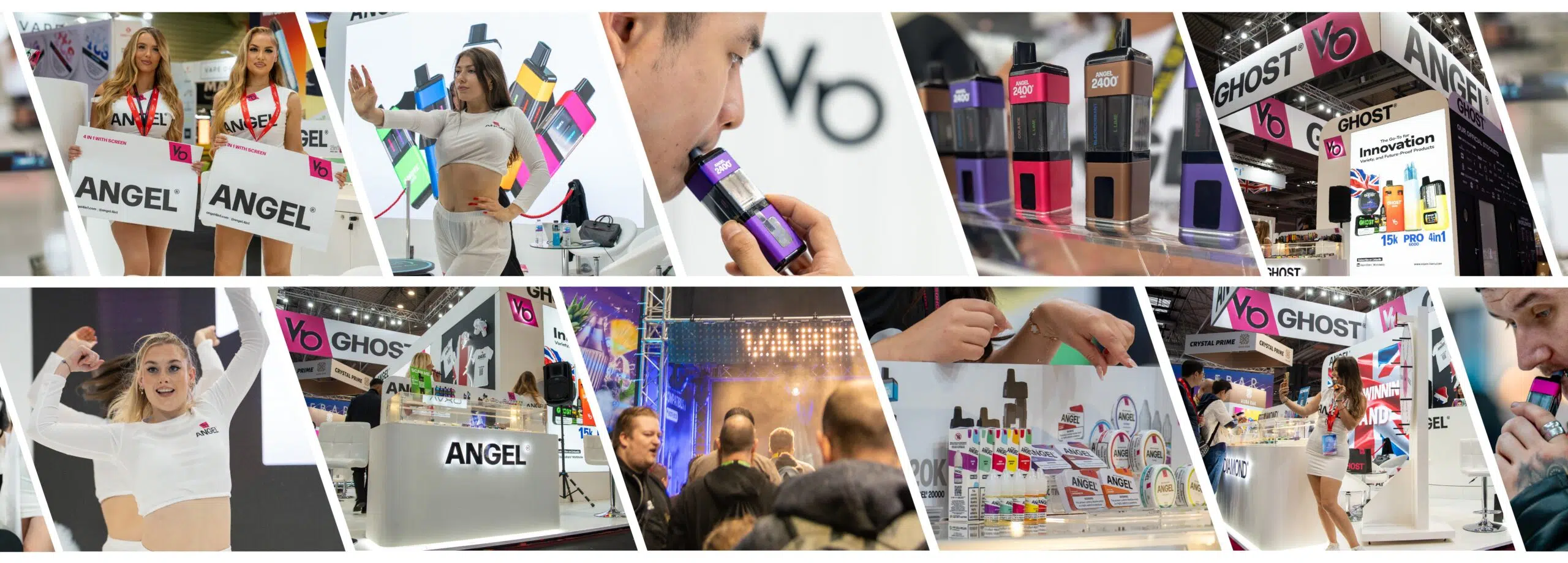 Collage of vibrant scenes and moments from Angel® at Vaper Expo UK 2024, showcasing product highlights and audience engagement.