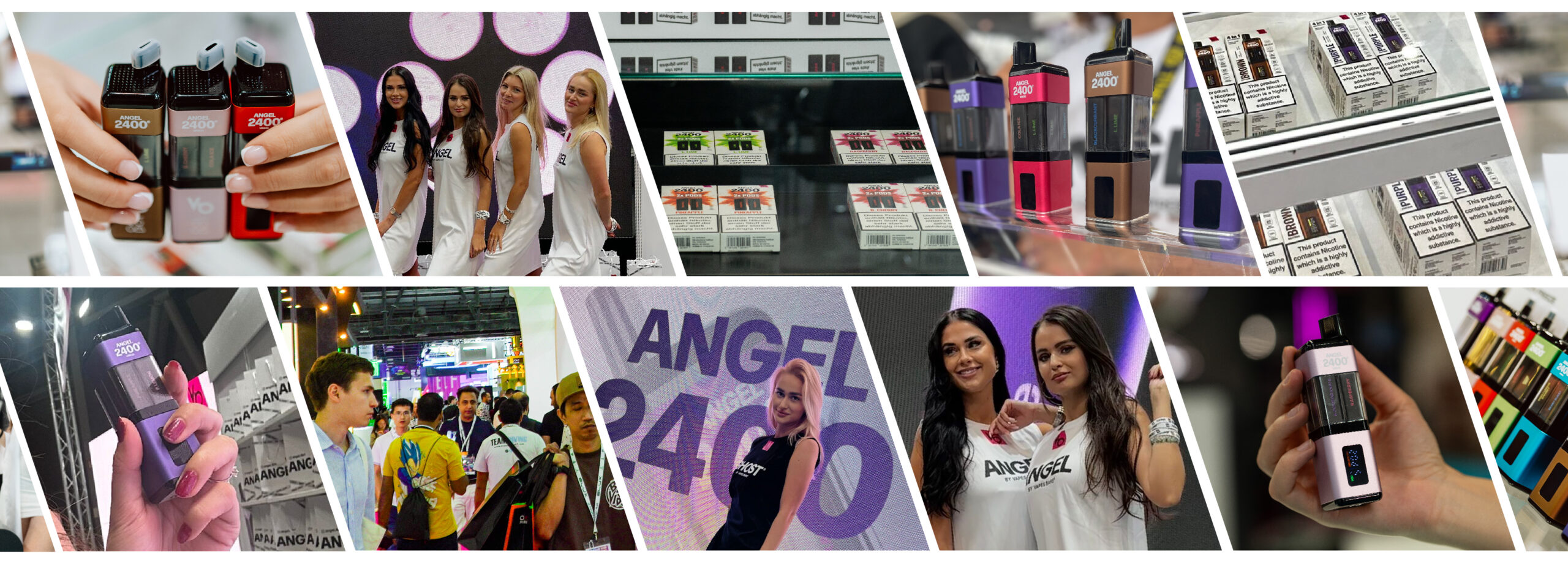 A Frame of different images of Angel 2400 vape device on a display, people showing in camera at a Prague Expo 2024