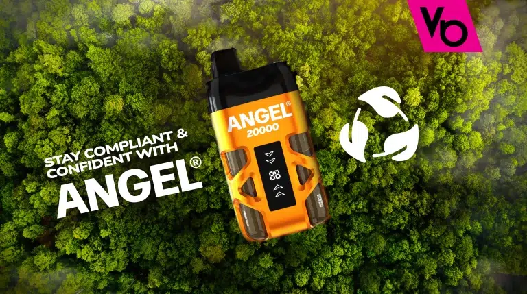 Angel® 20K device showcased above a bed of trees, showing Angel®’s commitment to sustainability.