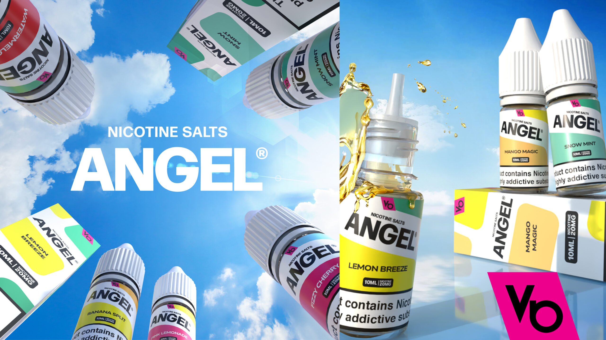 An array of Angel® Nic Salts in multiple nic salt flavours. 